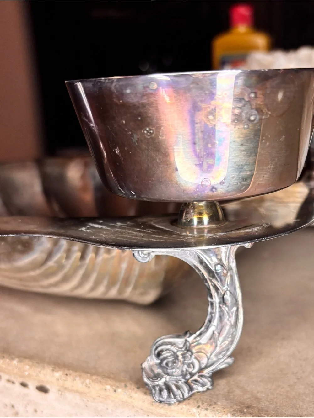 Silver Shell-Shaped Serving Platter with Dip Bowl and Candle Holders